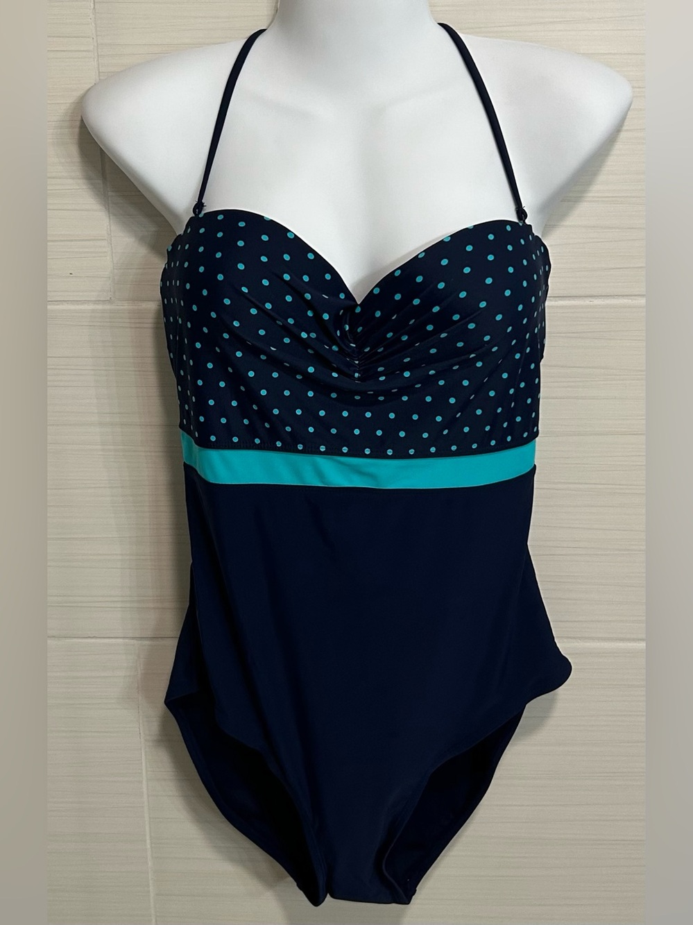 NWOT Gap Body Swimsuit Halter One Piece Navy Teal Blue Polka Dot L, Retro Pin-Up